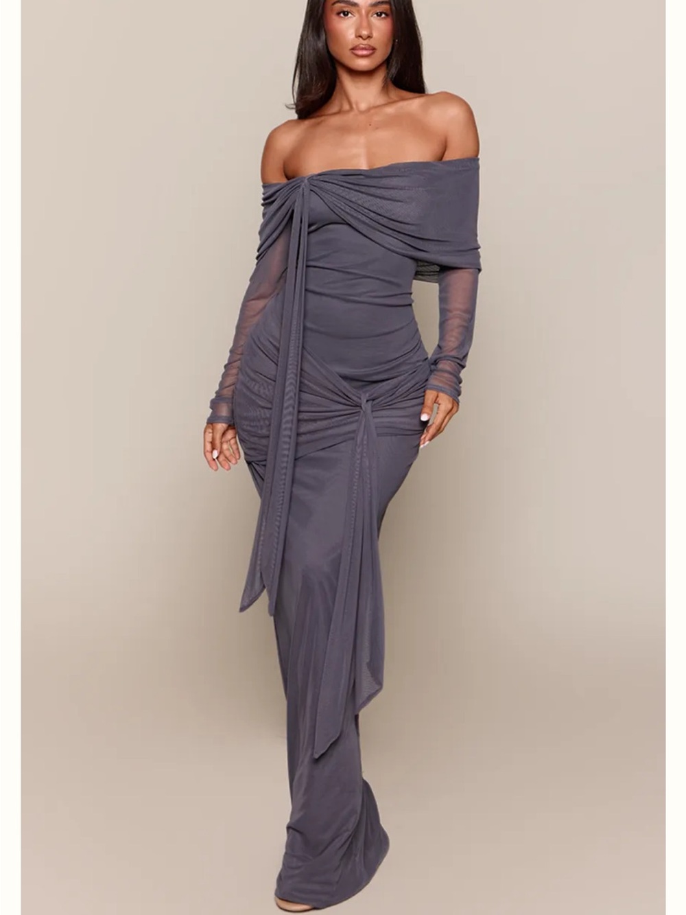 PrettyLittleThing Off-Shoulder Ruched Maxi Dress in Slate